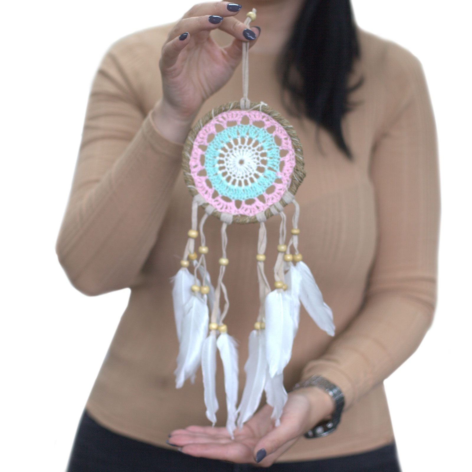 Polished Pastel Blue Macramé Dream Catcher 12cm (asst colours) featuring natural patterning and unique variations - Positive Faith Hope Love