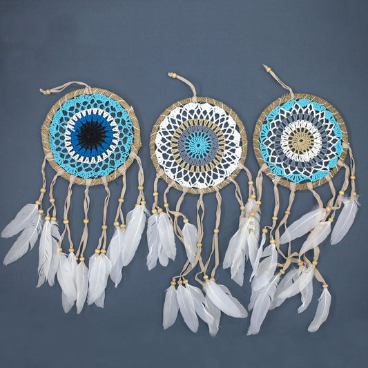 Polished Pastel Blue Macramé Dream Catcher 16cm (asst colours) featuring natural patterning and unique variations - Positive Faith Hope Love