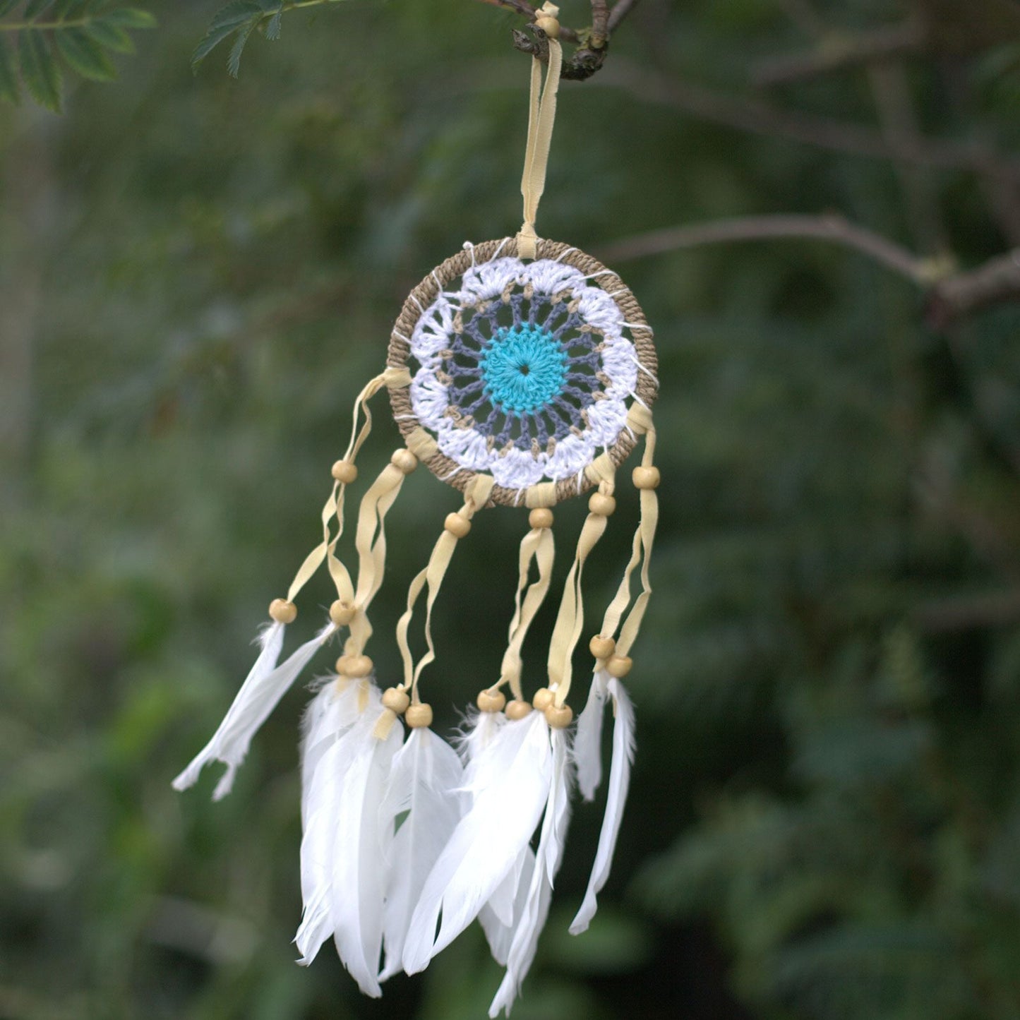Polished Pastel Blue Macrame Dream Catcher 9Cm Asst Colours featuring natural patterning and unique variations - Positive Faith Hope Love