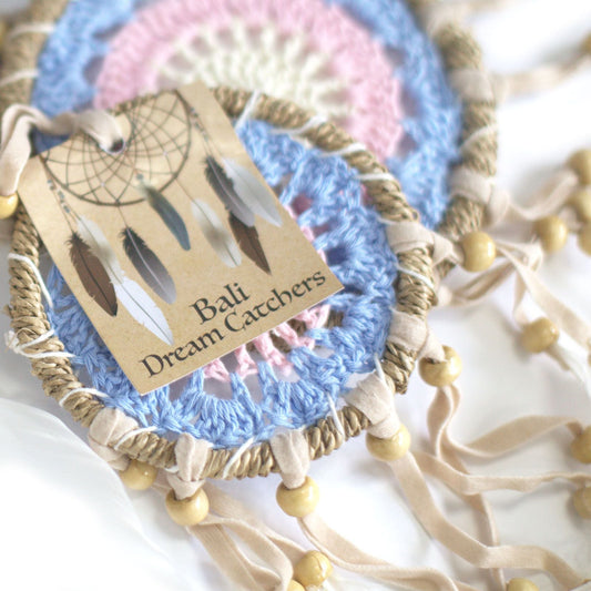 Polished Pastel Blue Macrame Dream Catcher 9Cm Asst Colours featuring natural patterning and unique variations - Positive Faith Hope Love