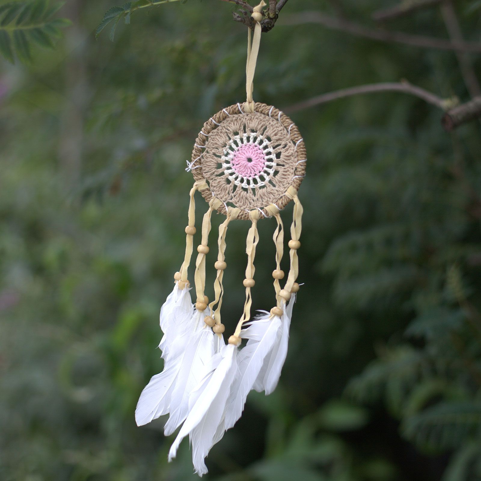 Polished Pastel Pink Macrame Dream Catcher 9Cm Asst Colours featuring natural patterning and unique variations - Positive Faith Hope Love
