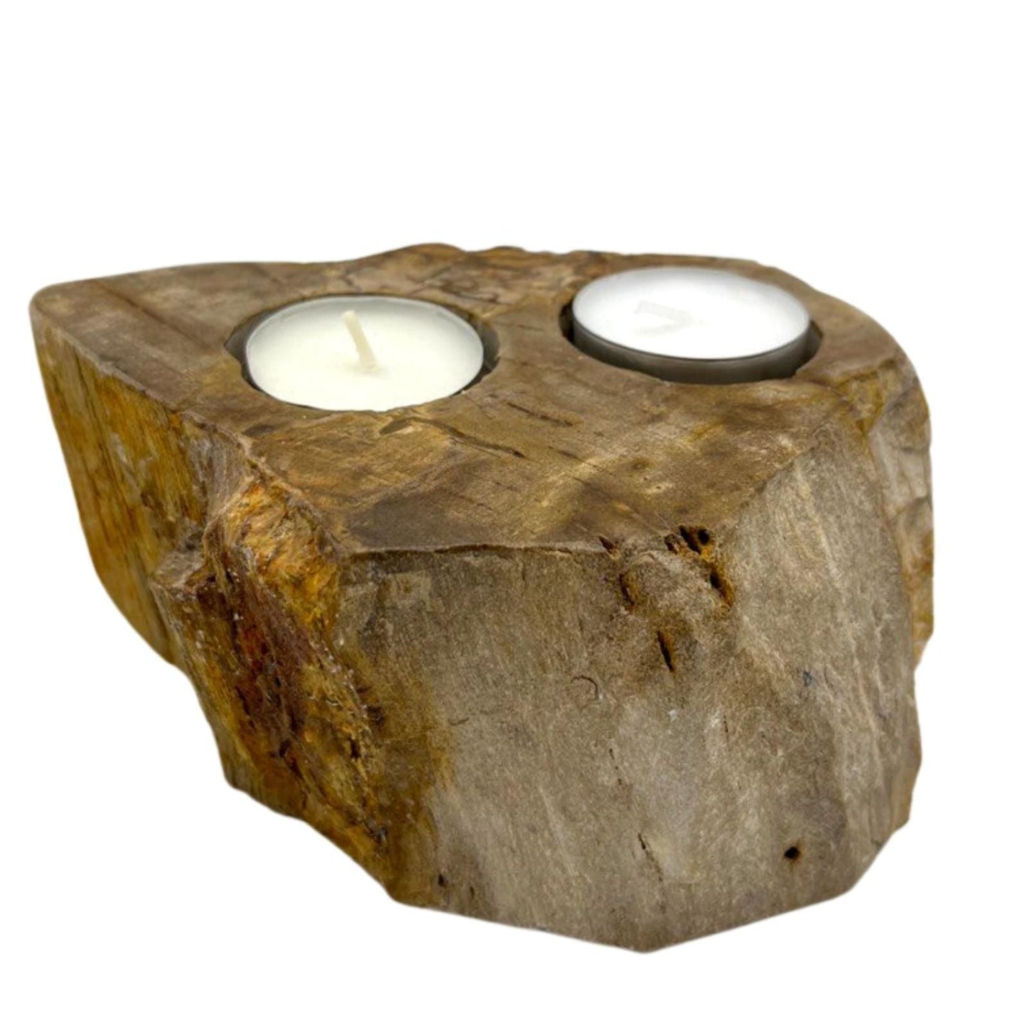 Polished Petrified Wood Candle Holder - Double featuring earthy woodgrain pattern and glossy finish - Positive Faith Hope Love