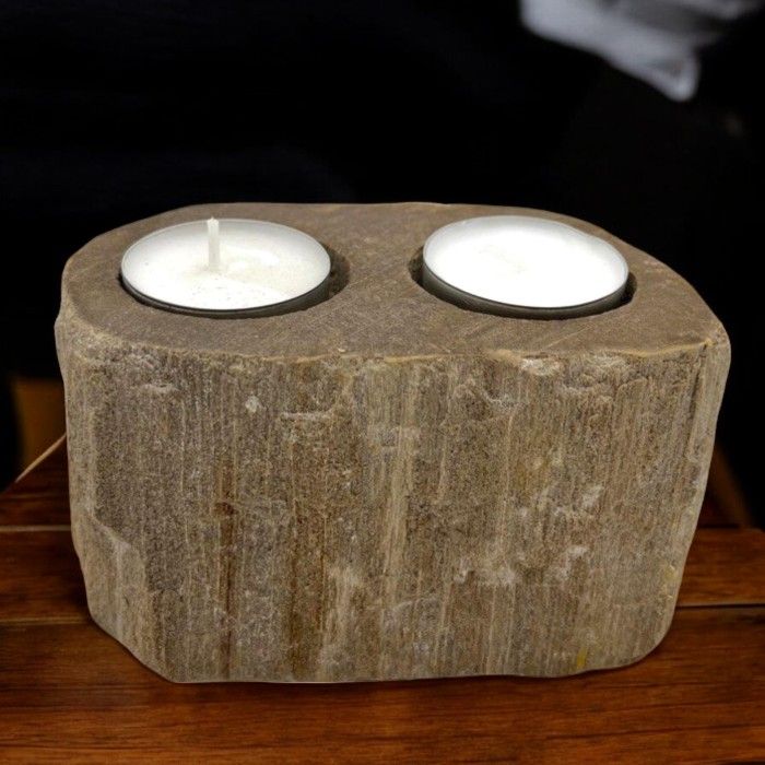 Polished Petrified Wood Candle Holder Double featuring earthy woodgrain pattern and glossy finish - Positive Faith Hope Love