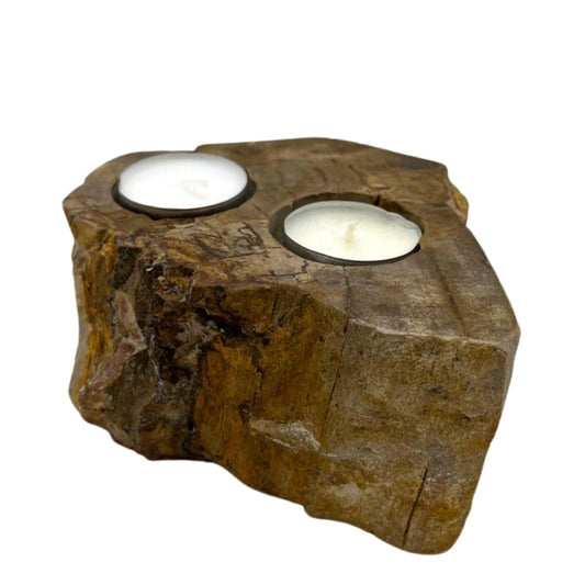 Polished Petrified Wood Candle Holder Double featuring earthy woodgrain pattern and glossy finish - Positive Faith Hope Love