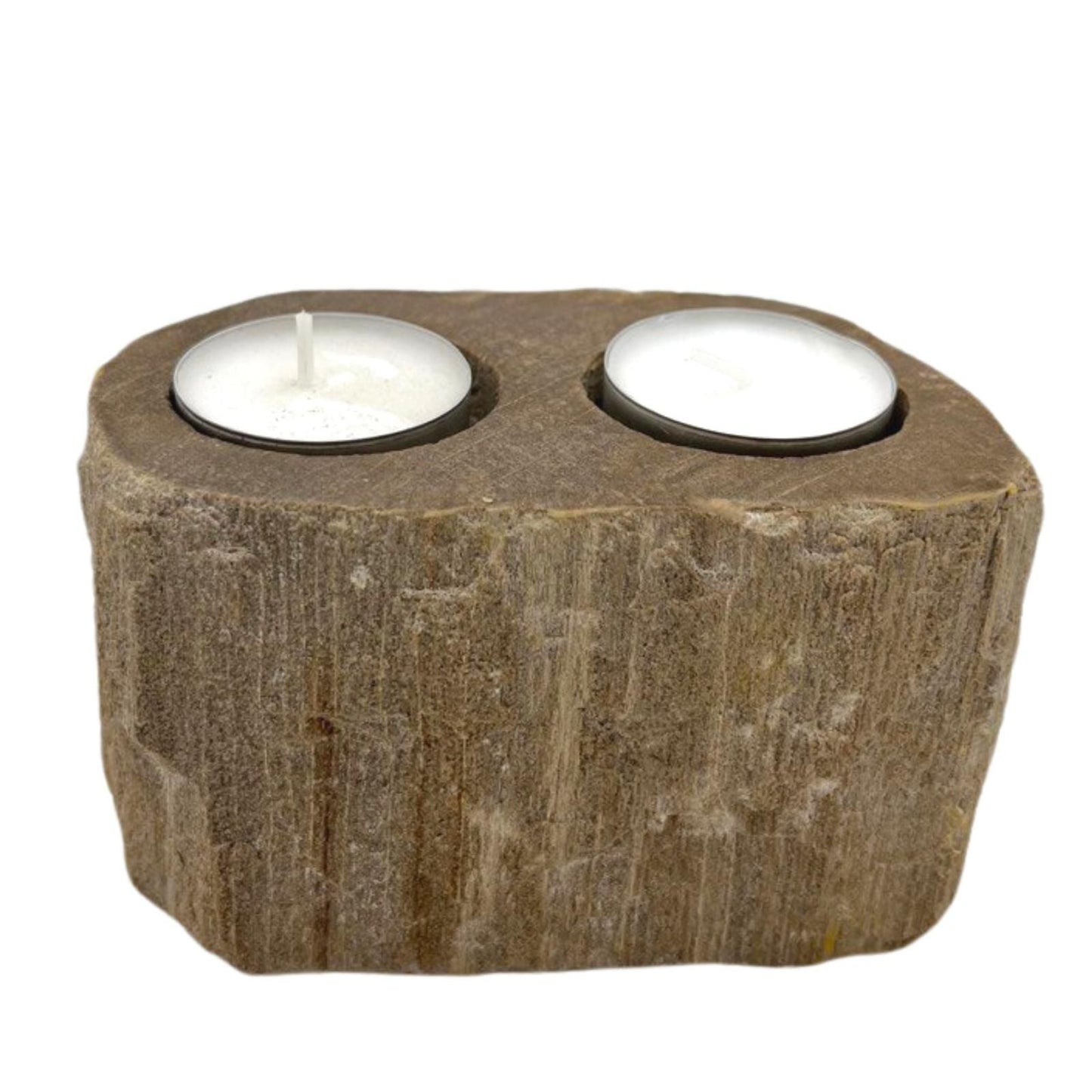 Polished Petrified Wood Candle Holder Double featuring earthy woodgrain pattern and glossy finish - Positive Faith Hope Love