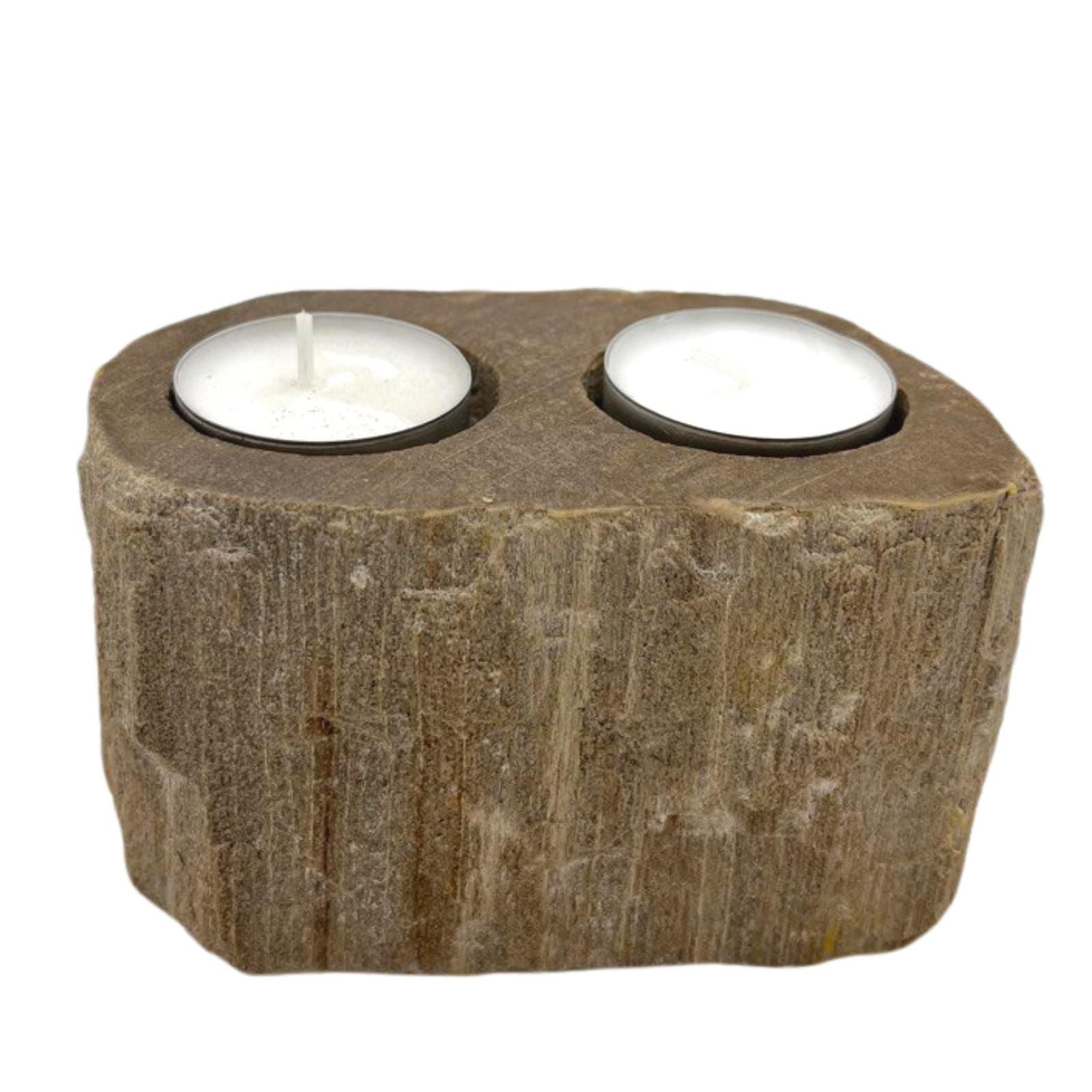 Polished Petrified Wood Candle Holder Double featuring earthy woodgrain pattern and glossy finish - Positive Faith Hope Love