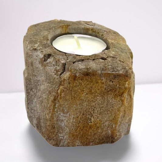 Polished Petrified Wood Candle Holder - Single Low featuring earthy woodgrain pattern and glossy finish - Positive Faith Hope Love