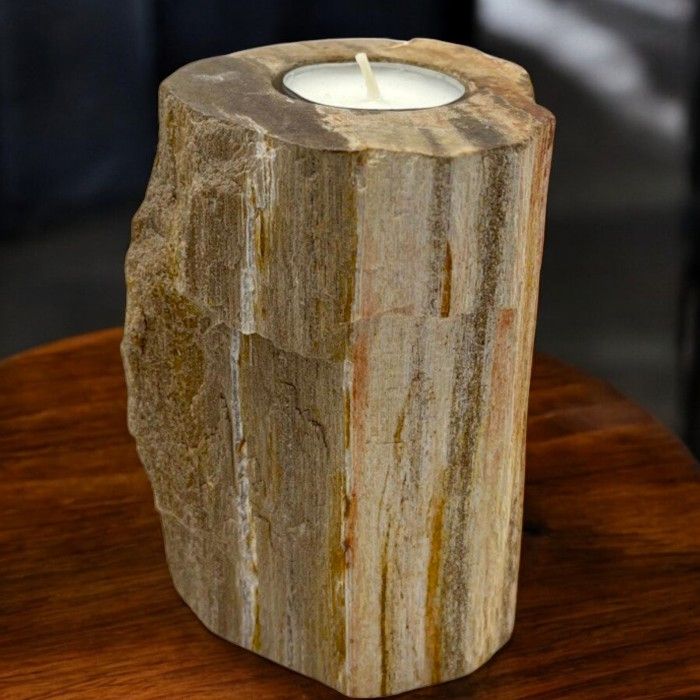 Polished Petrified Wood Candle Holder Single Tall featuring earthy woodgrain pattern and glossy finish - Positive Faith Hope Love