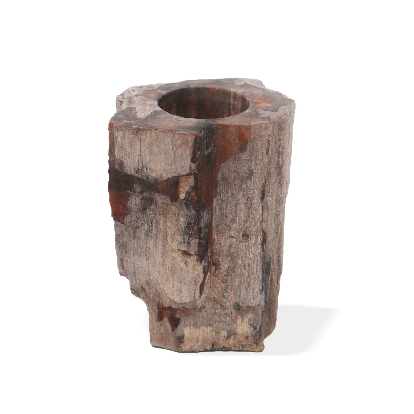 Polished Petrified Wood Candle Holder Single Tall featuring earthy woodgrain pattern and glossy finish - Positive Faith Hope Love