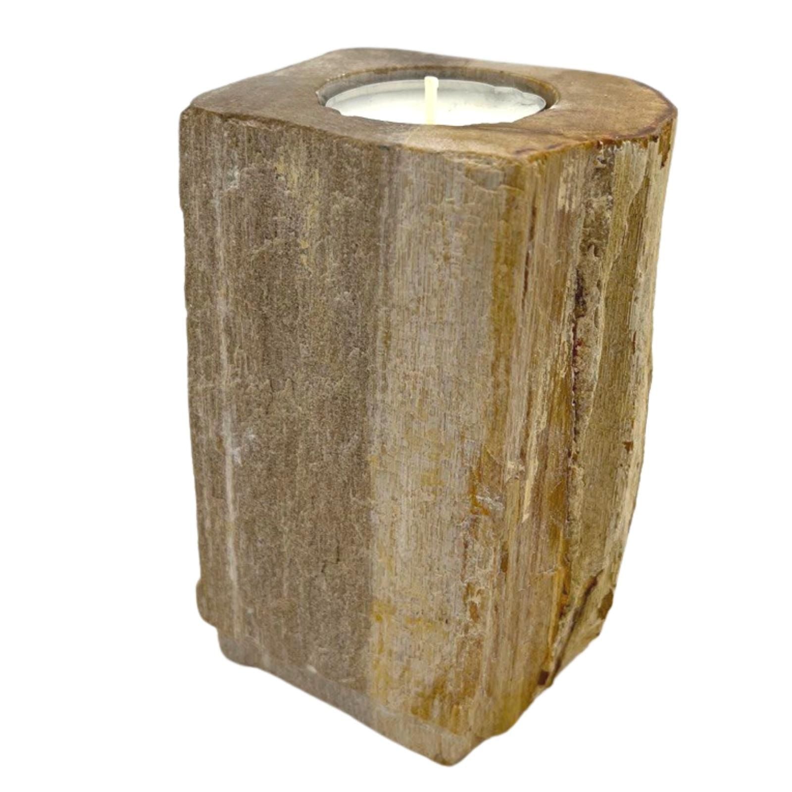 Polished Petrified Wood Candle Holder Single Tall featuring earthy woodgrain pattern and glossy finish - Positive Faith Hope Love