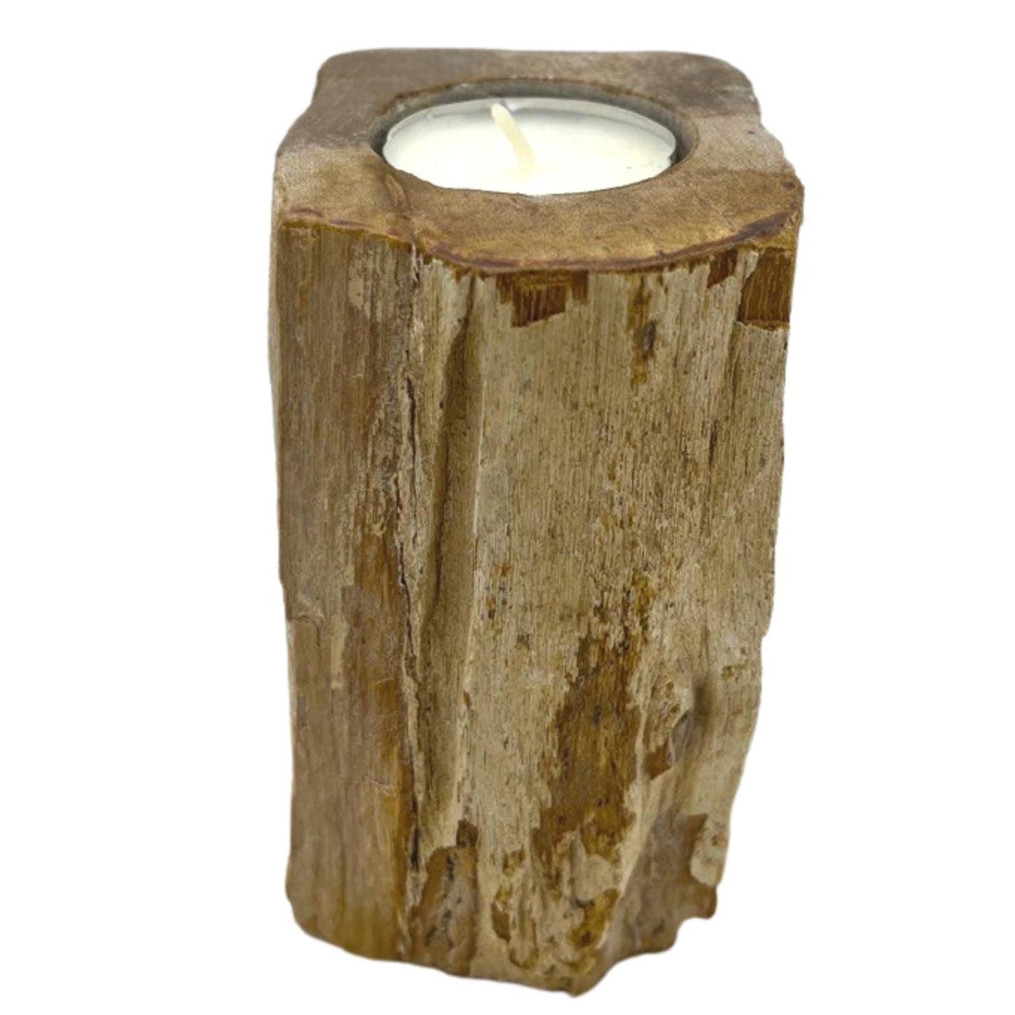 Polished Petrified Wood Candle Holder Single Tall featuring earthy woodgrain pattern and glossy finish - Positive Faith Hope Love