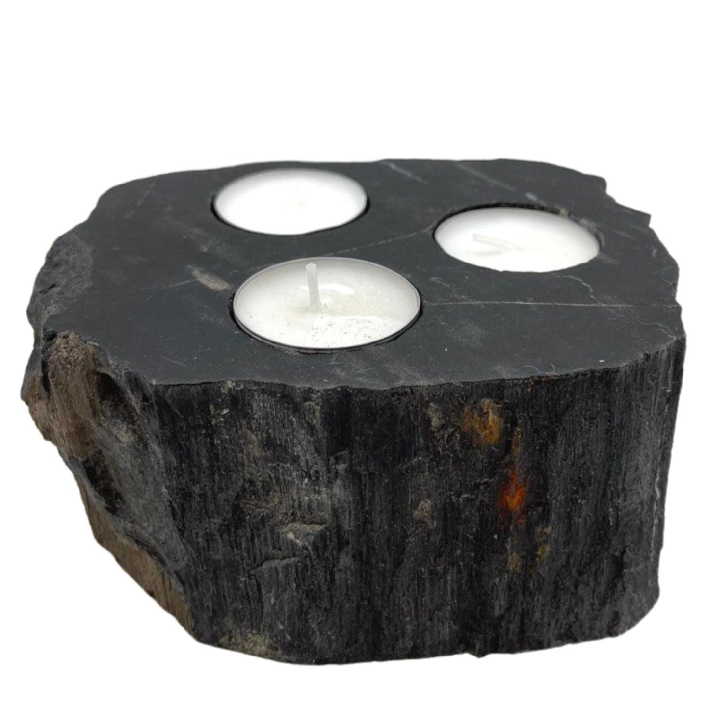 Polished Petrified Wood Candle Holder Triple featuring earthy woodgrain pattern and glossy finish - Positive Faith Hope Love
