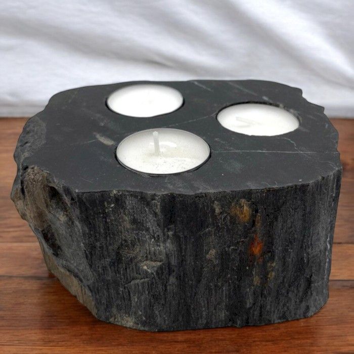 Polished Petrified Wood Candle Holder Triple featuring earthy woodgrain pattern and glossy finish - Positive Faith Hope Love