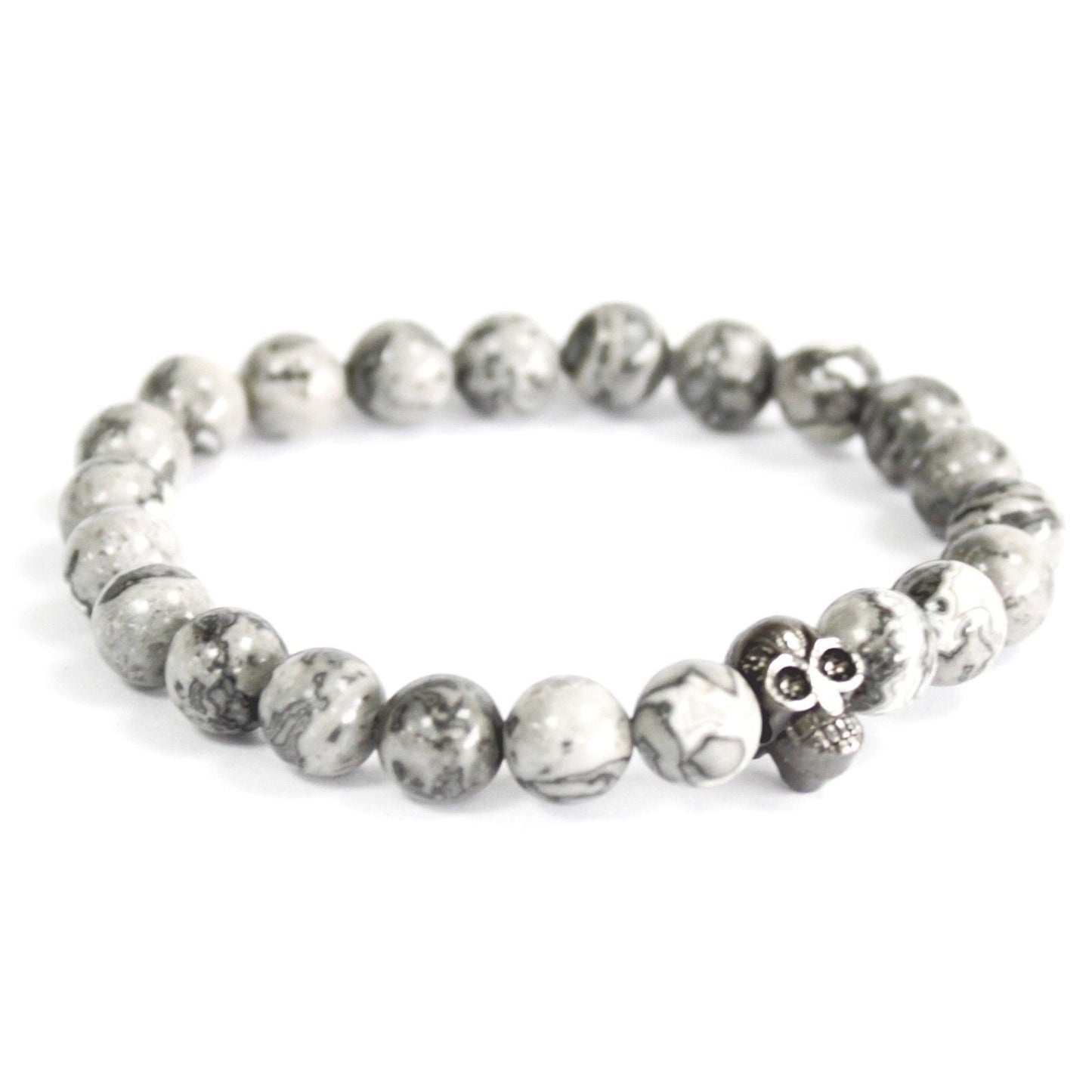 Polished Pewter Skull / Grey Agate - Gemstone Bracelet featuring banded patterns and glossy finish - Positive Faith Hope Love