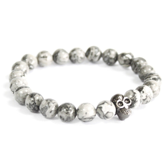 Polished Pewter Skull / Grey Agate - Gemstone Bracelet featuring banded patterns and glossy finish - Positive Faith Hope Love