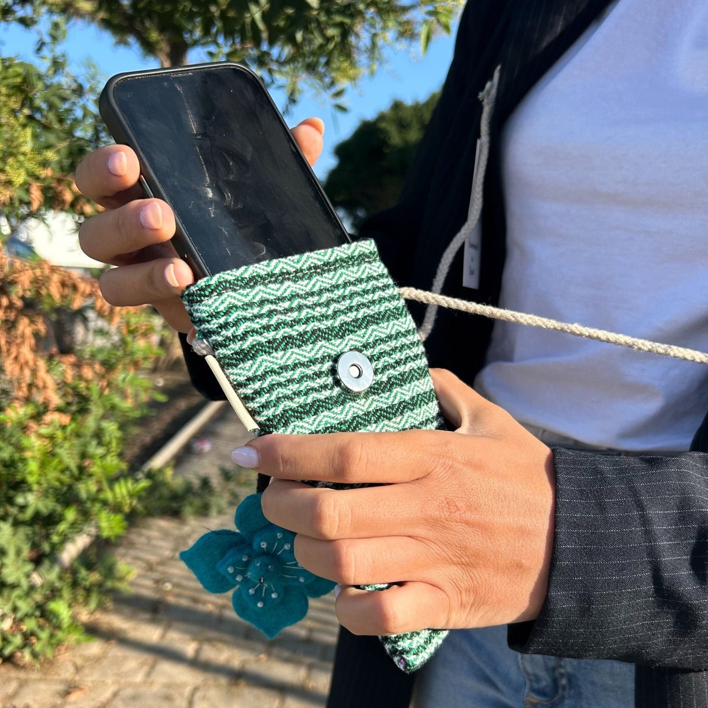 Polished Phone Holder Bag Stripes Green Flower Decor featuring natural patterning and unique variations - Positive Faith Hope Love