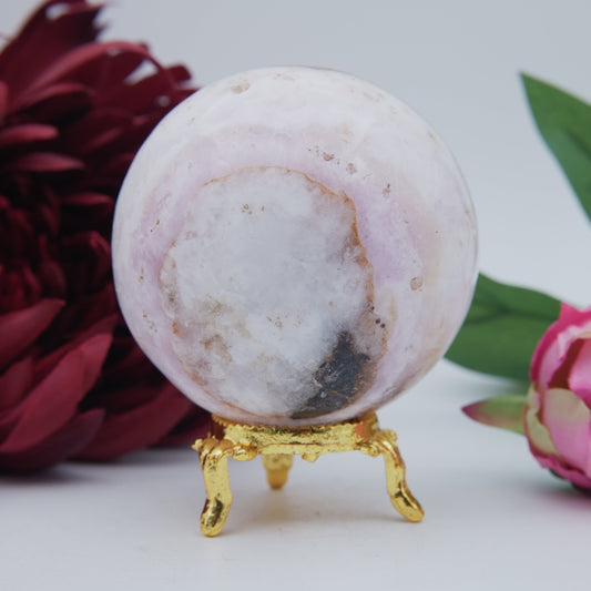 Polished Pink Aragonite Sphere 433g featuring warm brown star-like clusters - Positive Faith Hope Love