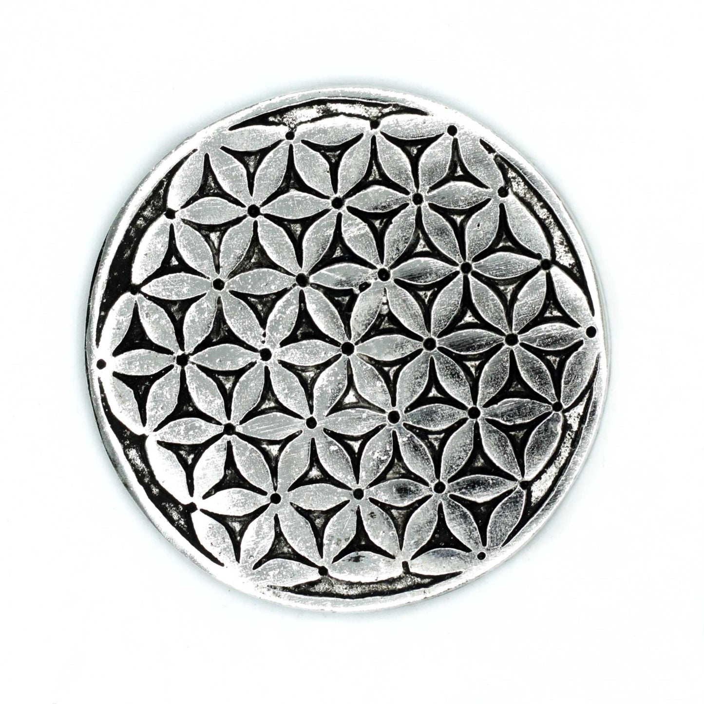 Polished Polished Aluminium Flower of Life Incense Holder 11cm featuring natural patterning and unique variations - Positive Faith Hope Love