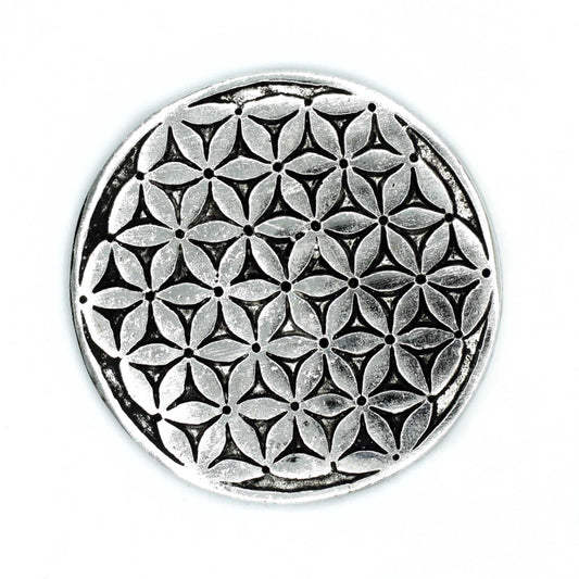 Polished Polished Aluminium Flower of Life Incense Holder 11cm featuring natural patterning and unique variations - Positive Faith Hope Love