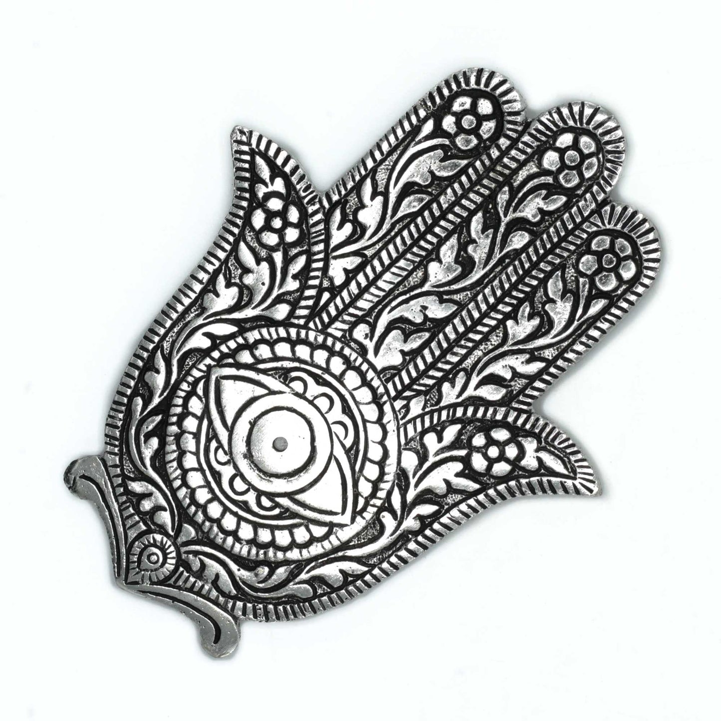 Polished Polished Aluminium Hamsa Incense Holder 14cm featuring natural patterning and unique variations - Positive Faith Hope Love