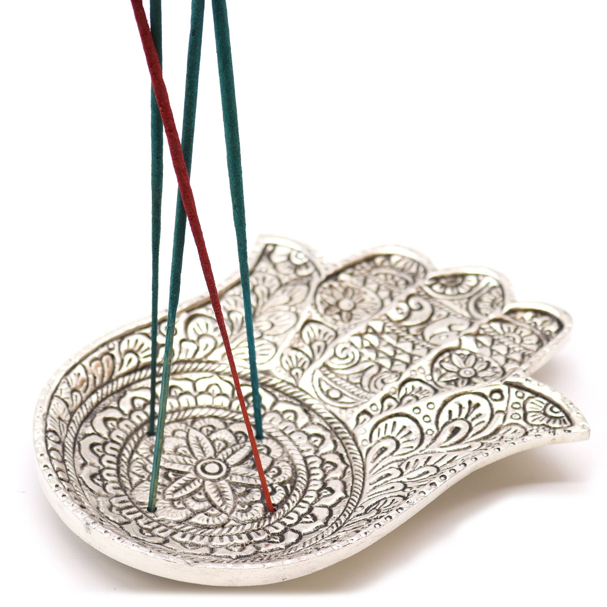 Polished Polished Aluminium Lrg Hamsa Incense Holder featuring natural patterning and unique variations - Positive Faith Hope Love