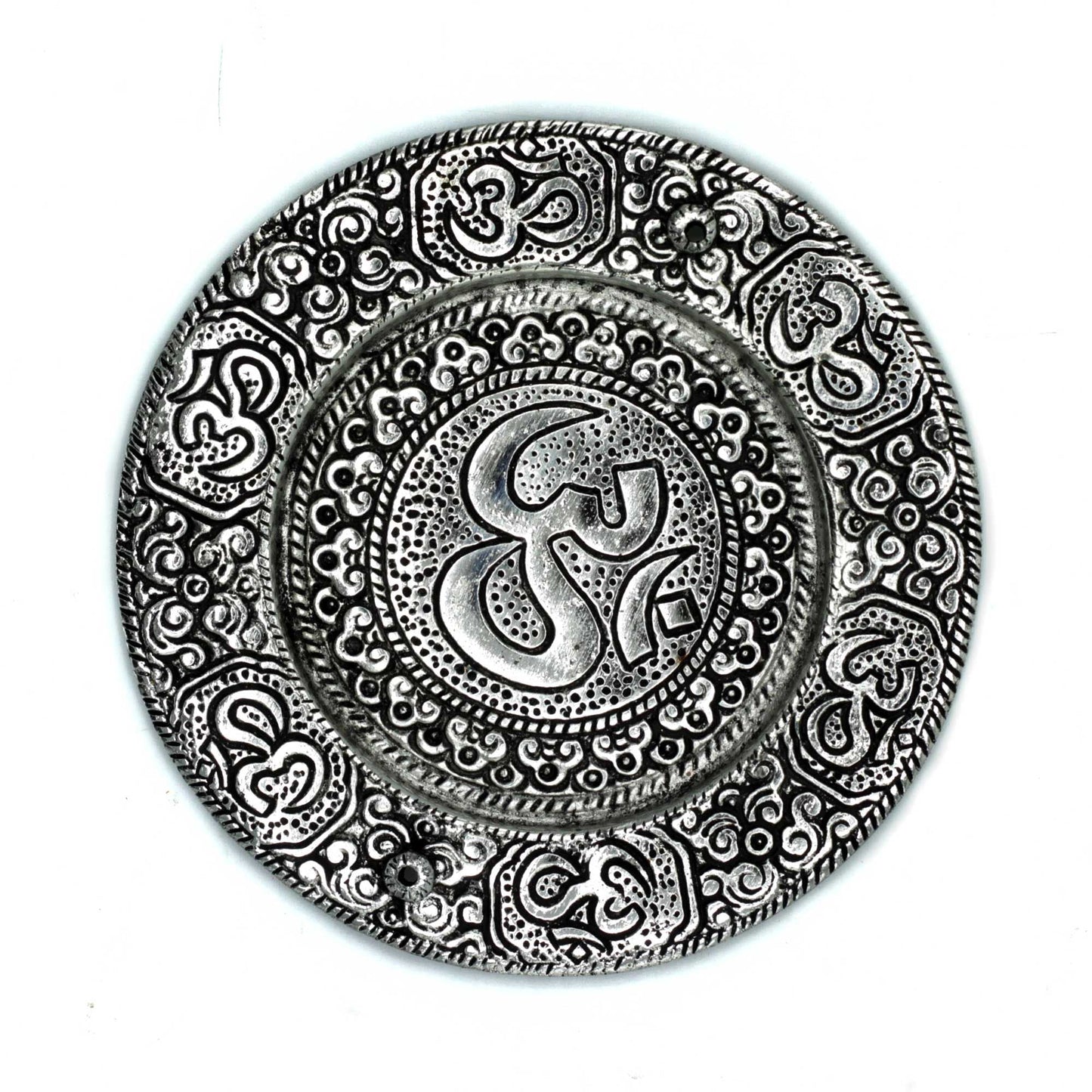 Polished Polished Aluminium Om Round Incense Holder 11cm featuring natural patterning and unique variations - Positive Faith Hope Love
