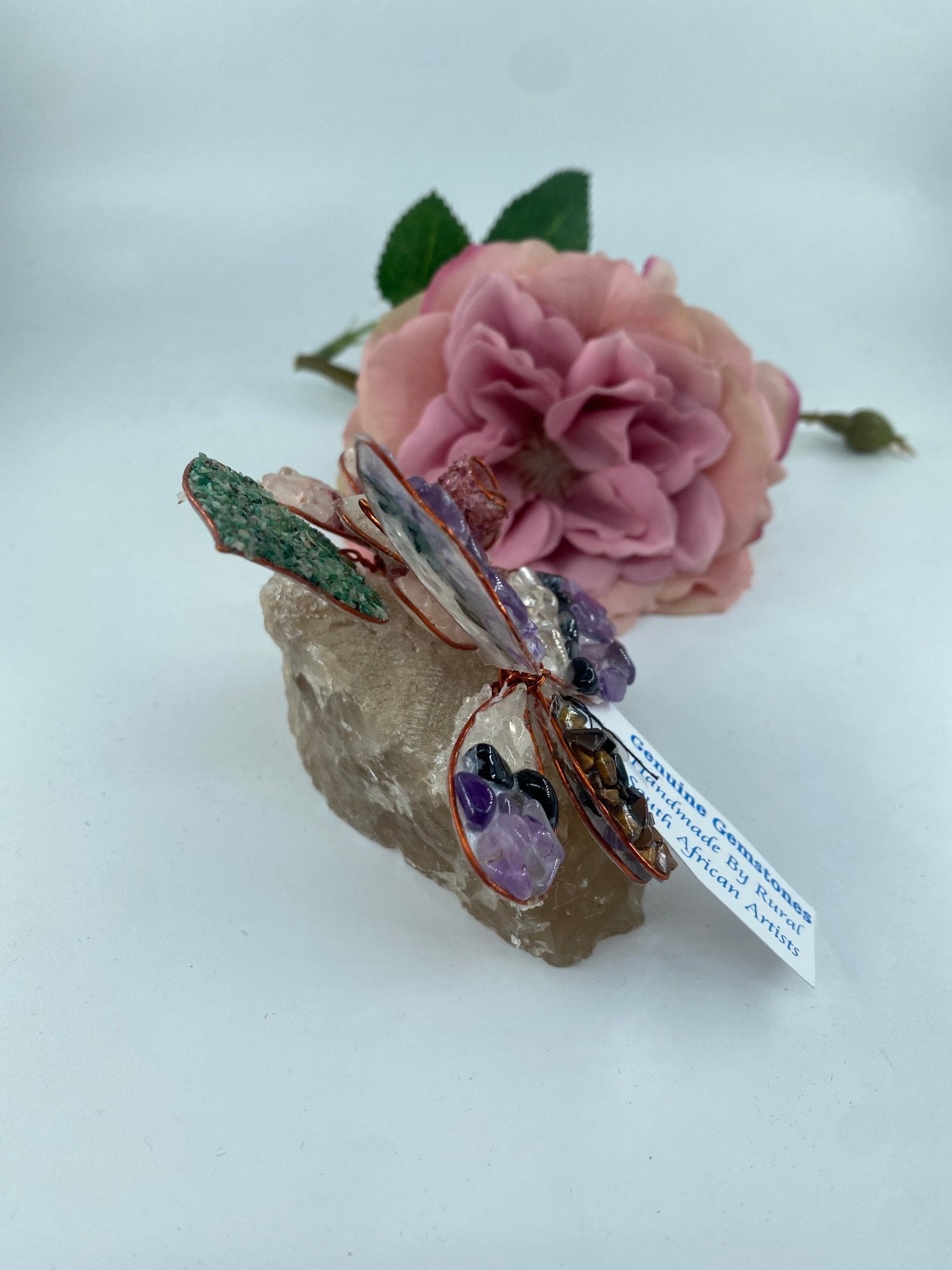 Polished Gemstone Art Butterfly on Rose * - Positive Faith Hope Love