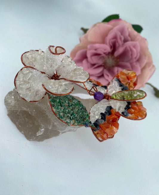 Polished Gemstone Art Butterfly on Rose ** - Positive Faith Hope Love