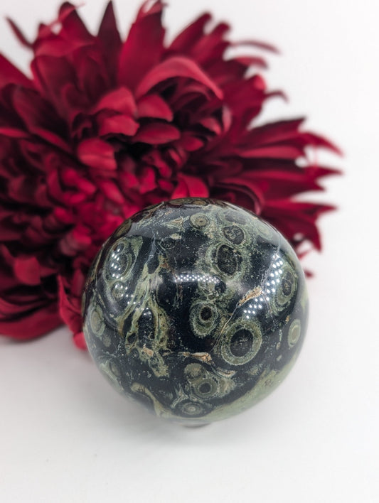 Polished Polished Stromatolite Kambaba Jasper Sphere 355G featuring earthy patterns and matte-gloss finish - Positive Faith Hope Love