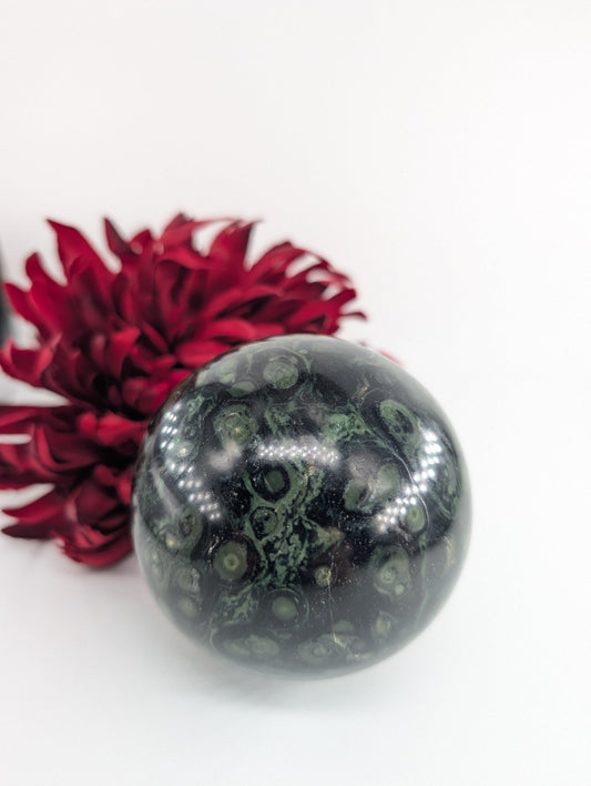 Polished Polished Stromatolite Kambaba Jasper Sphere 918 featuring earthy patterns and matte-gloss finish - Positive Faith Hope Love