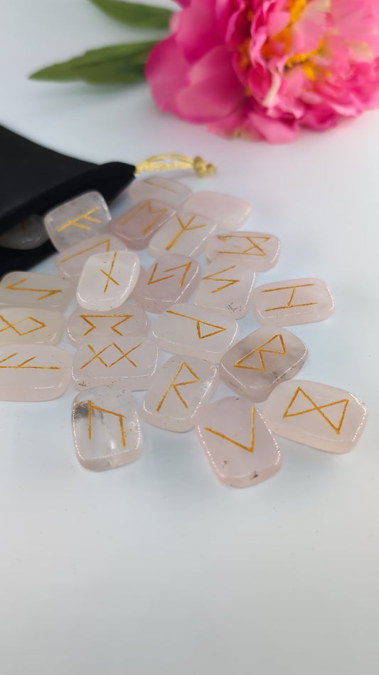 Rose Quartz Rune Set and Bag - Polished Elder Futhark Runes