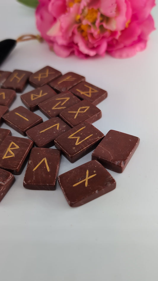 Red Jasper Rune Set and Bag - Polished Elder Futhark Runes