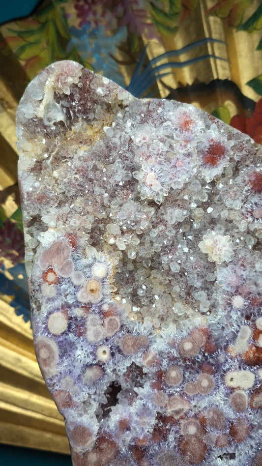 Amethyst Slab - Orbit Flower Reddish Pink with Calcite on Stand 9568g