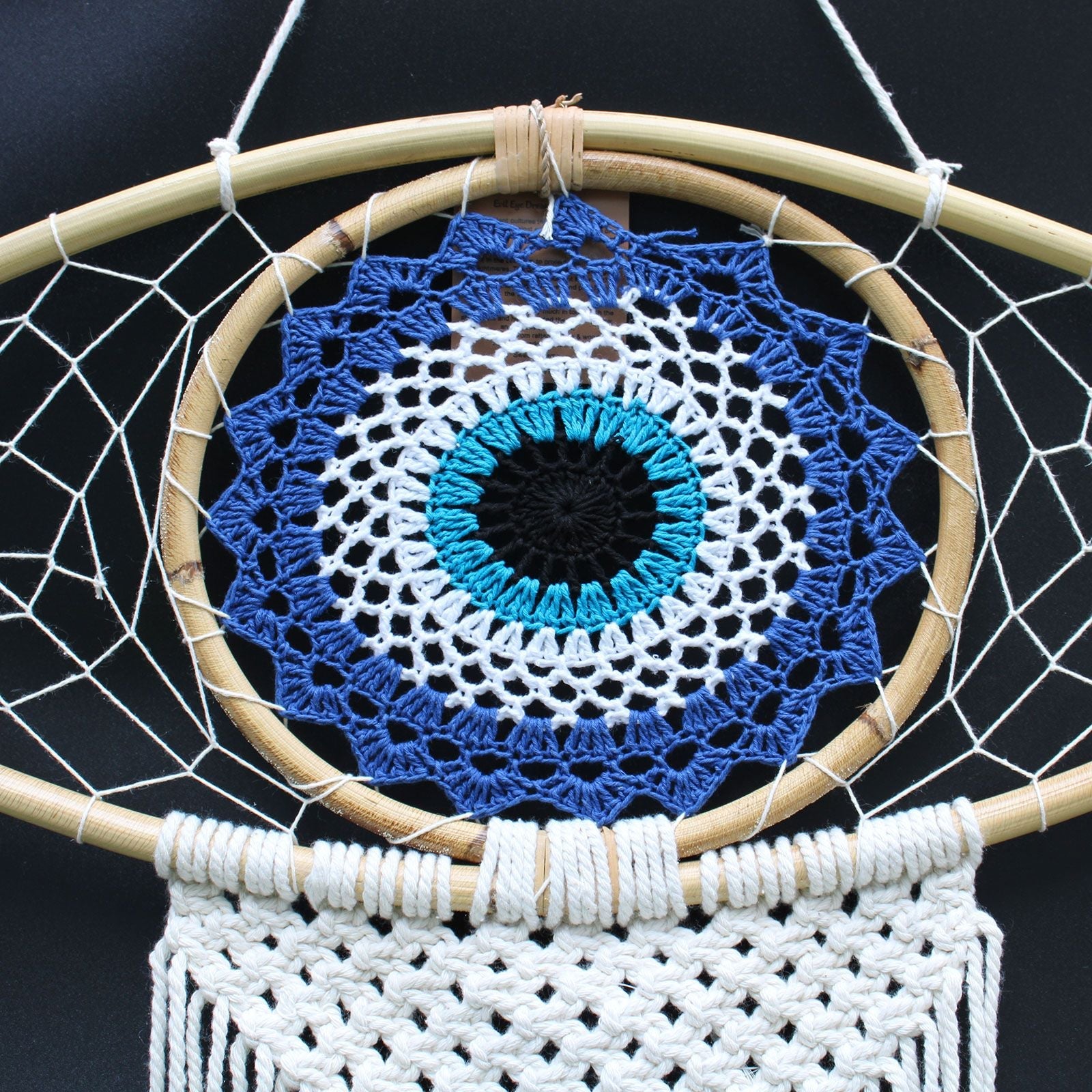 Polished Protection Dream Catcher - Lrg Macrame Evil Eye Blue/White/Black featuring natural patterning and unique variations - Positive Faith Hope Love