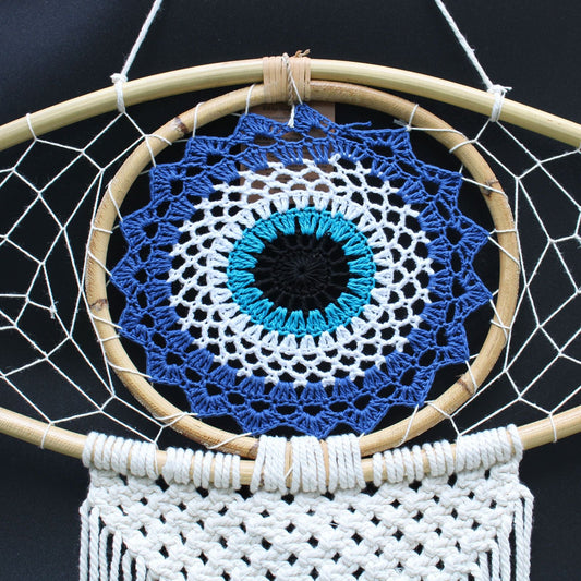 Polished Protection Dream Catcher - Lrg Macrame Evil Eye Blue/White/Black featuring natural patterning and unique variations - Positive Faith Hope Love