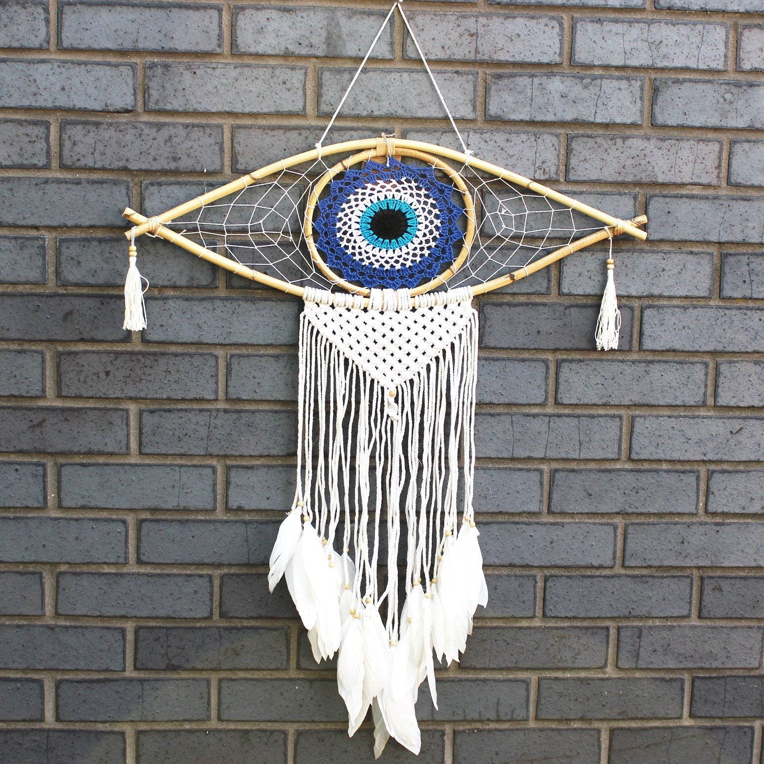 Polished Protection Dream Catcher Lrg Macrame Evil Eye Bluewhiteblack featuring natural patterning and unique variations - Positive Faith Hope Love