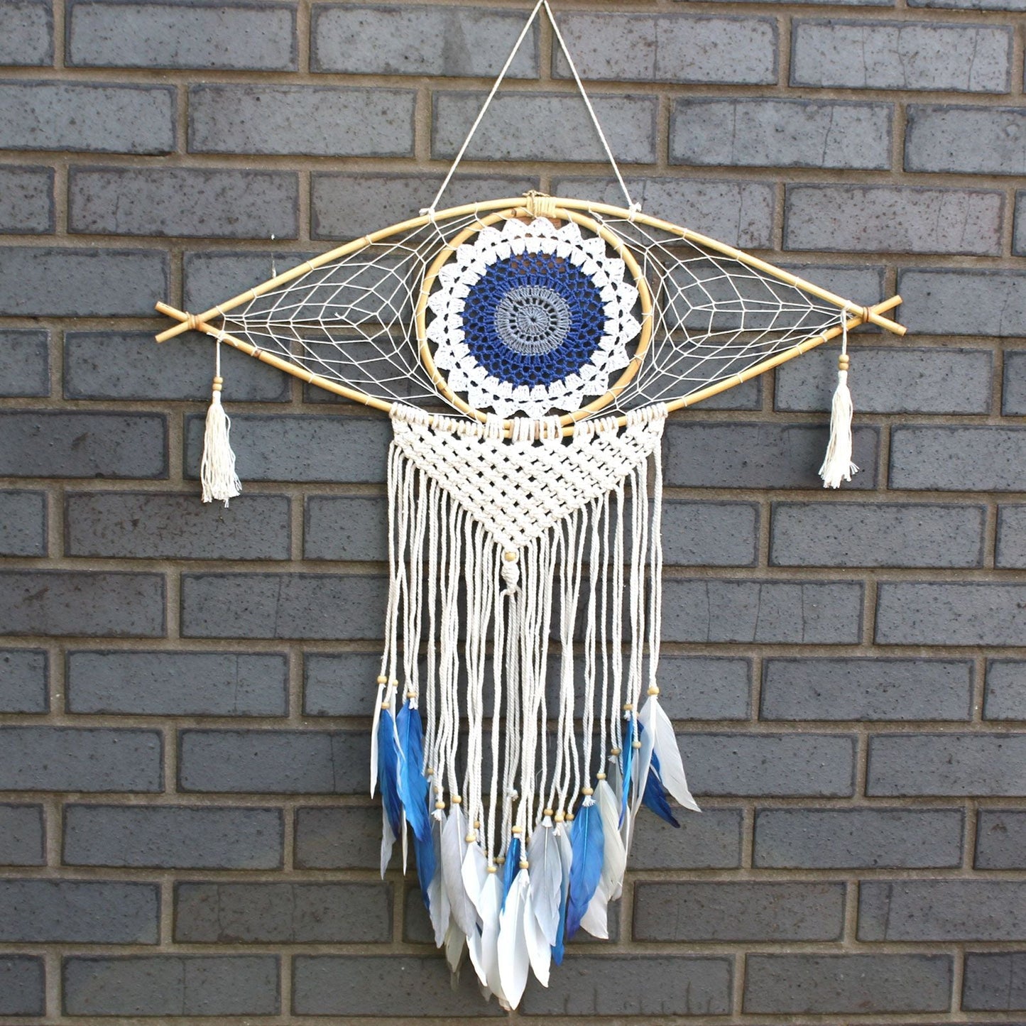 Polished Protection Dream Catcher Lrg Macrame Evil Eye White Bluegrey featuring natural patterning and unique variations - Positive Faith Hope Love