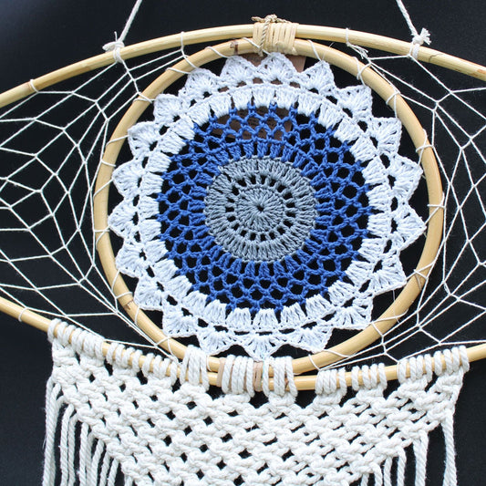 Polished Protection Dream Catcher - Lrg Macrame Evil Eye White/ Blue/Grey featuring natural patterning and unique variations - Positive Faith Hope Love