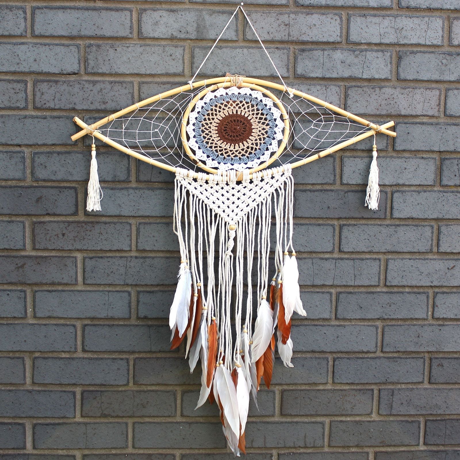 Polished Protection Dream Catcher Lrg Macrame Evil Eye White Greybrown featuring natural patterning and unique variations - Positive Faith Hope Love