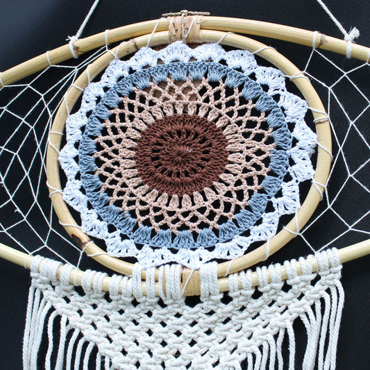 Polished Protection Dream Catcher - Lrg Macrame Evil Eye White/ Grey/Brown featuring natural patterning and unique variations - Positive Faith Hope Love