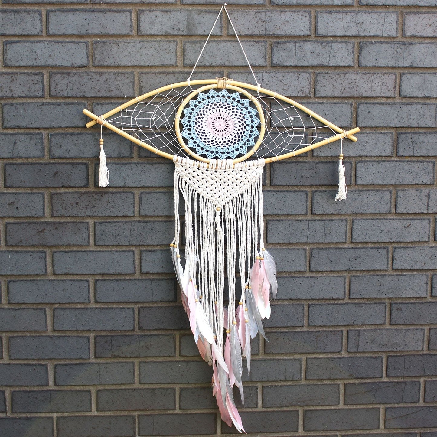 Polished Protection Dream Catcher Lrg Macrame Eye Blue Whitepink featuring natural patterning and unique variations - Positive Faith Hope Love