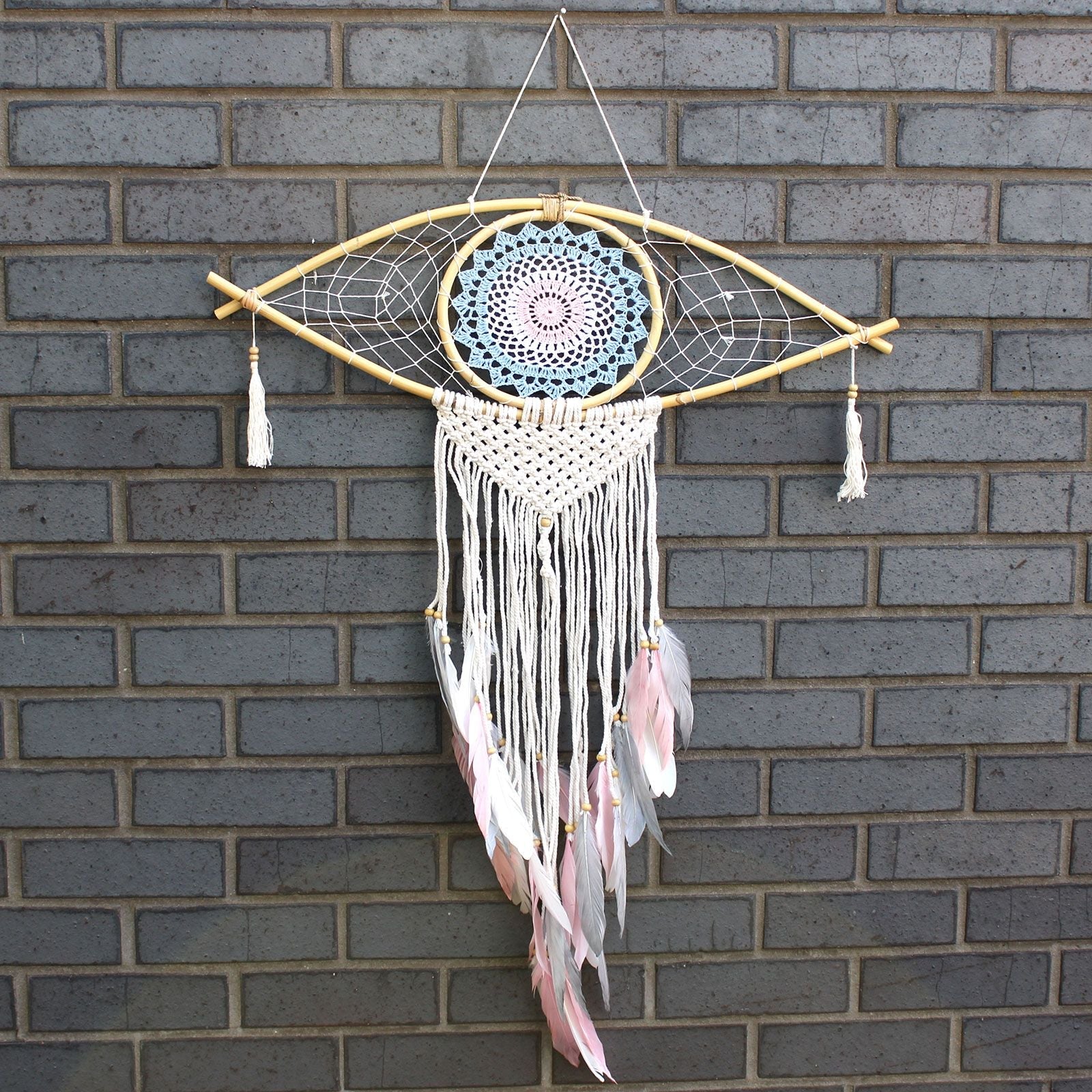 Polished Protection Dream Catcher Lrg Macrame Eye Blue Whitepink featuring natural patterning and unique variations - Positive Faith Hope Love