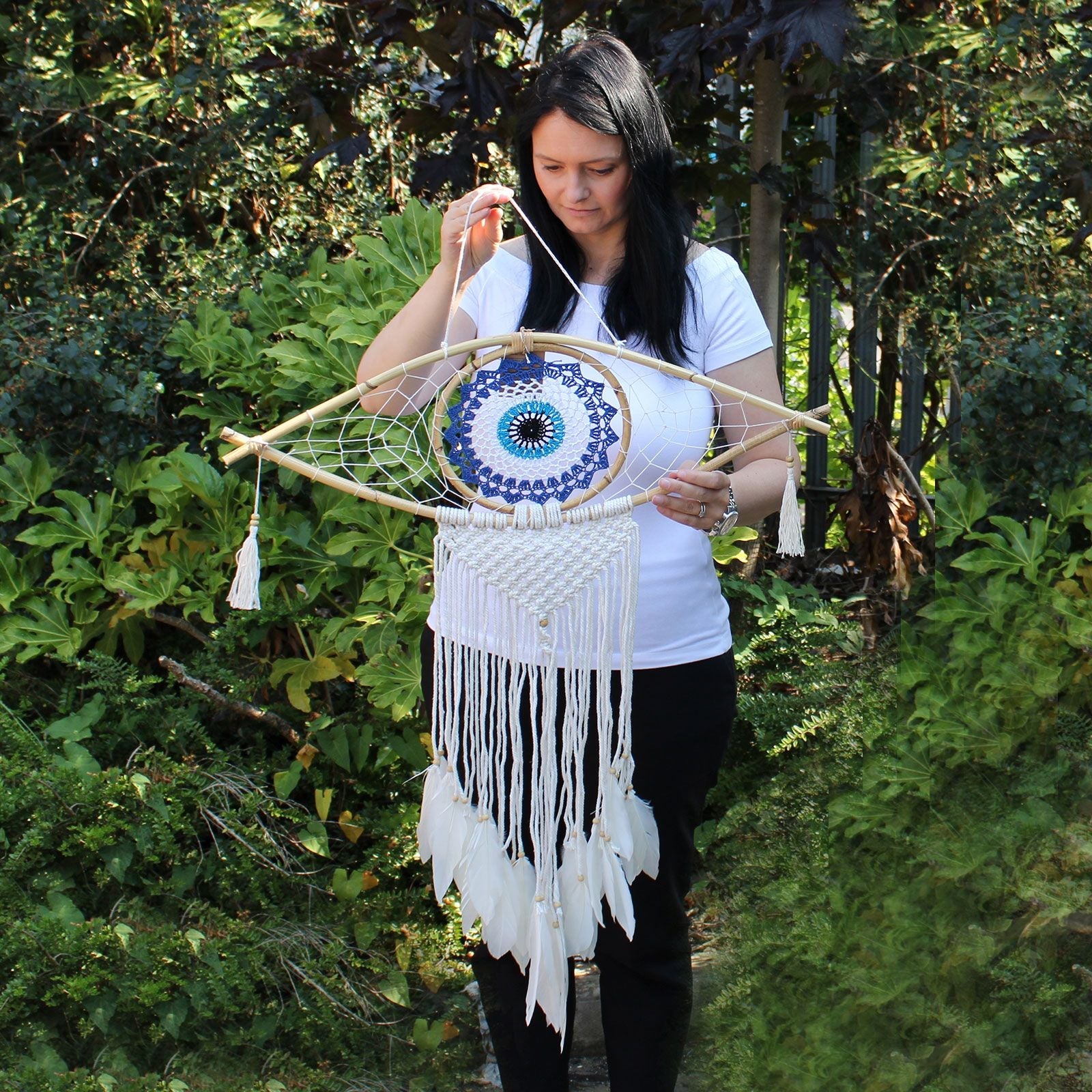 Polished Protection Dream Catcher Lrg Macrame Eye Blue Whitepink featuring natural patterning and unique variations - Positive Faith Hope Love