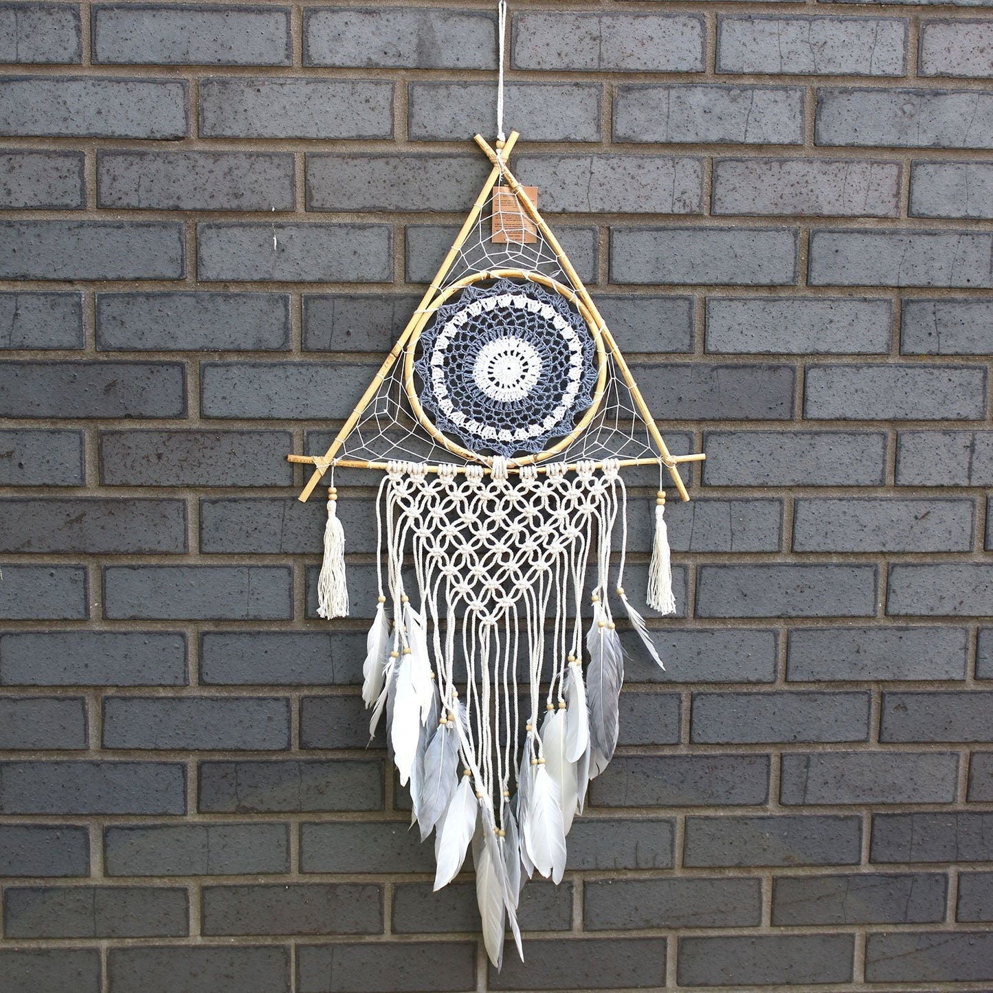 Polished Protection Dream Catcher Lrg Macrame Pyramid Whitegrey featuring natural patterning and unique variations - Positive Faith Hope Love