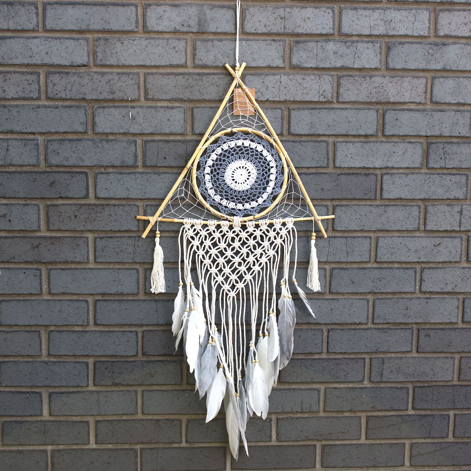 Polished Protection Dream Catcher Lrg Macrame Pyramid Whitegrey featuring natural patterning and unique variations - Positive Faith Hope Love