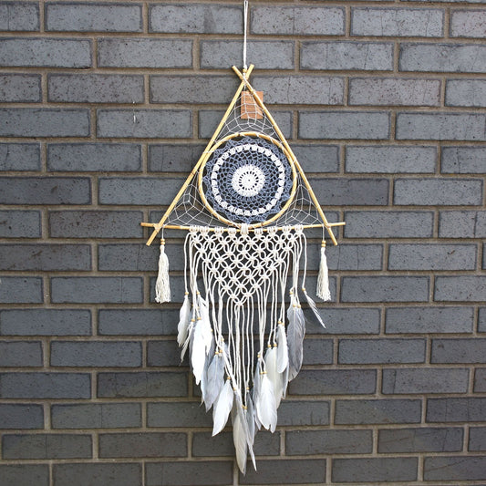 Polished Protection Dream Catcher Lrg Macrame Pyramid Whitegrey featuring natural patterning and unique variations - Positive Faith Hope Love