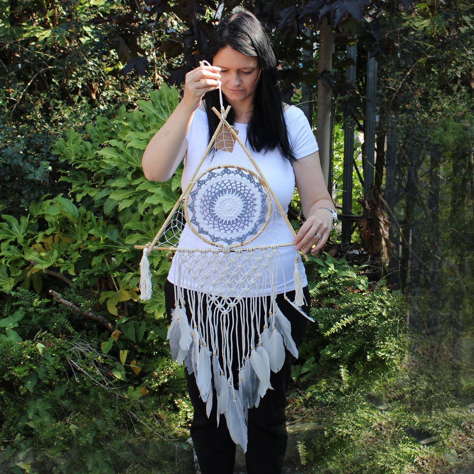 Polished Protection Dream Catcher Lrg Macrame Pyramid Whitegrey featuring natural patterning and unique variations - Positive Faith Hope Love
