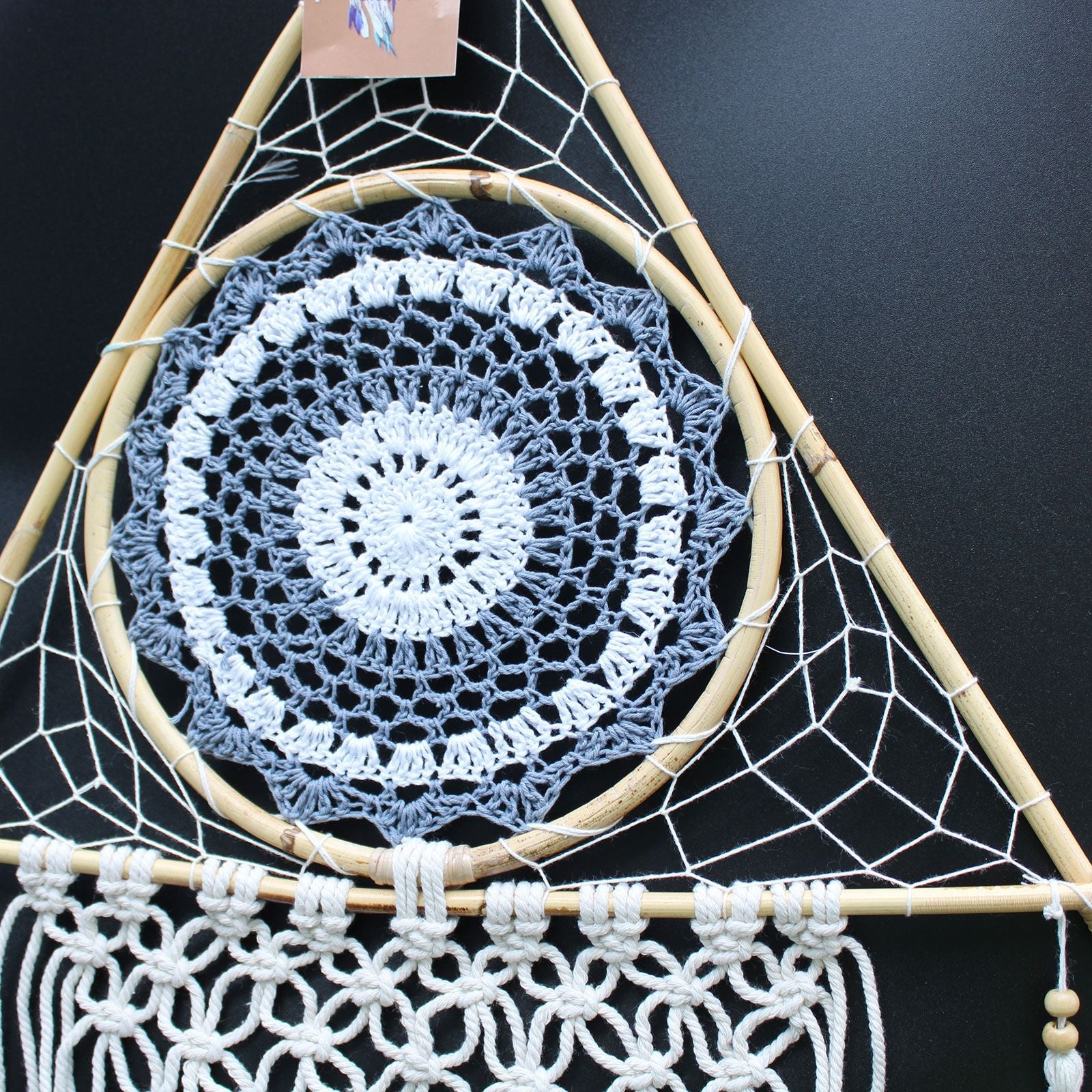 Polished Protection Dream Catcher - Lrg Macrame Pyramid White/Grey featuring natural patterning and unique variations - Positive Faith Hope Love