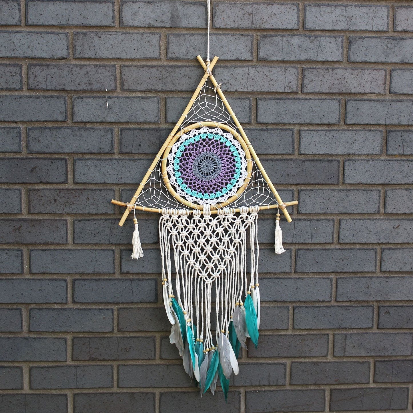 Polished Protection Dream Catcher - Lrg Macrame Pyramid White/Turquoise featuring natural patterning and unique variations - Positive Faith Hope Love