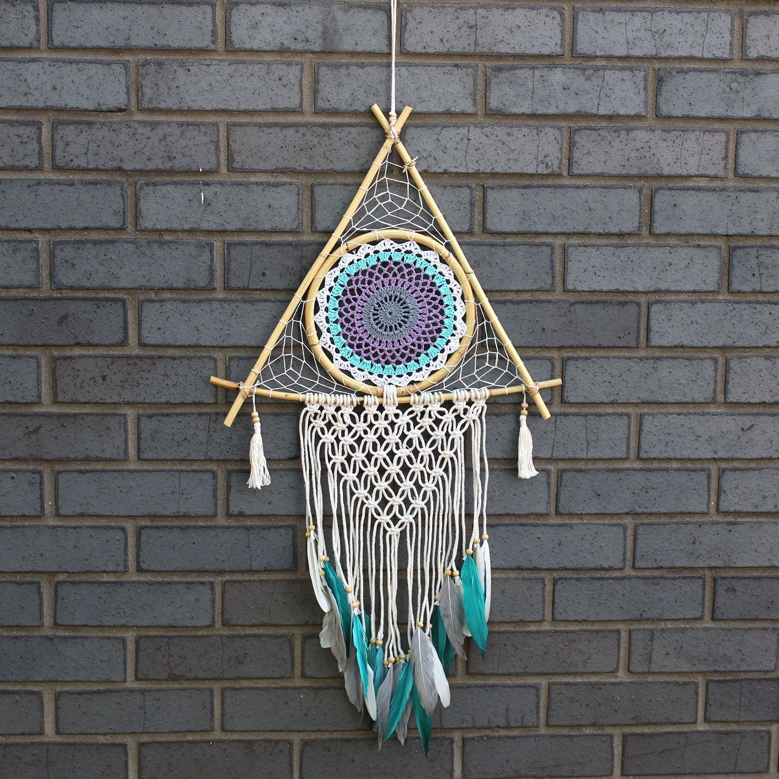 Polished Protection Dream Catcher - Lrg Macrame Pyramid White/Turquoise featuring natural patterning and unique variations - Positive Faith Hope Love